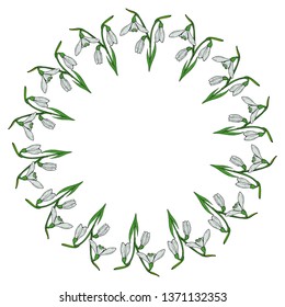 Round frame with vertical lovely snowdrops on white background. Isolated vector flowers pattern for your design.
