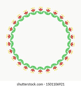 Round frame with vertical red flower on white background. Isolated frame of flowers for your design.