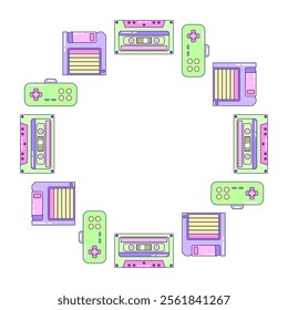 Round Frame Video Game and Music. Multicolored elements on white background. Retro illustration with outline in 90s style. Isolated vector illustration.