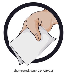 Round frame with view of hand holding a folded vote inside of it in cartoon style over white background.