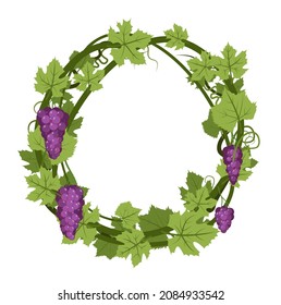 Rundrahmen. Wein mit Blattwerk und Trauben. Weinbau und Landwirtschaft. Zweige mit Beeren auf einem dichten Busch. Junge Weinberge. Süße Herbsternte. Einzeln auf weißem Hintergrund. Vektorgrafik