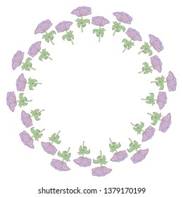Round frame with violet anemones on white background. Isolated frame for your design. 
