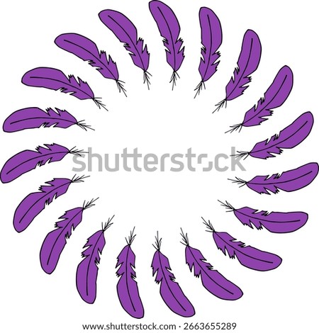 Round frame with with violet feathers on white background. Vector image.