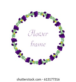 Round frame with violet flowers, burgeons and green leaves.