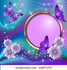 Round frame, violet flowers and butterflies