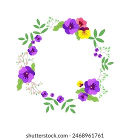 Round frame of violet flowers and leaves with space for text or photo. Birthday. Wedding. Invitation. Vector illustration in flat design 