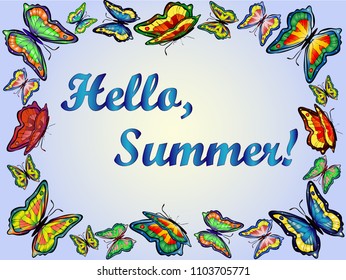 Round frame from vivid colorful butterflies on white background. Inscription summer time. Vector illustration