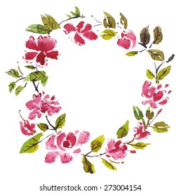 Round frame with watercolor flowers. Vector illustration.