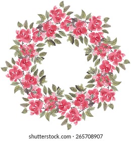 Round frame with watercolor roses. Vector illustration.