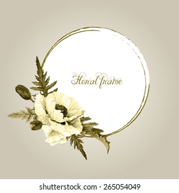 Round frame of watercolor yellow poppies. Vector illustration wreath of flowers. Can be used as a greeting card for any holiday background. Monochromatic colors. Sepia. Vintage style.