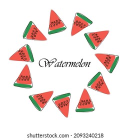 Marco redondo de la sandía. sandía exótica, recogida en una composición en círculo sobre fondo blanco. Plantilla de fruta natural . Postcard para el texto. Tarjeta de felicitación vectorial para su diseño