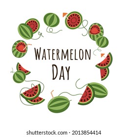Round frame of watermelon and watermelon slices cut watermelon with cocktail straws with cocktail umbrellas text centered banner vector illustration