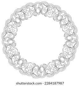 Runder Rahmen mit Wellen. Handgezeichnete lineare Schwarz-Weiß-Vektorgrafik.