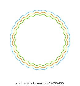 Round frame with wavy edges. Circle shape with wiggly borders. Blank box, tag or label isolated on white background. Vector illustration.