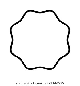 Round frame with wavy edges. Circle shape with curvy borders. Blank text box, tag or label isolated on white background. Vector outline illustration.