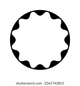 Round frame with wavy inner borders. Circle with scalloped inside isolated on white background. Tag, label, sticker or box template. Vector graphic illustration.