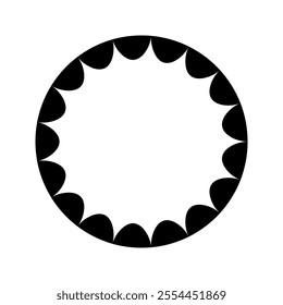 Round frame with wavy inner edges. Circle shape with scalloped inside borders isolated on white background. Picture or mirror vignette template. Vector graphic illustration.