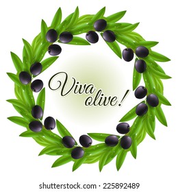 Round frame of wet leaves and black olives with copy space