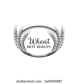 Round frame of wheat ears, spikes, stems, with inscription. Monochrome vector illustration cartoon flat icon isolated black on white.