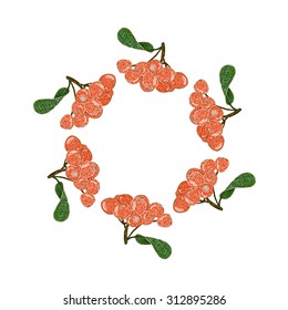 Round frame. White background. A Rowan branch. Flat design. Hatched. Red berries and green leaf. Vector illustration.