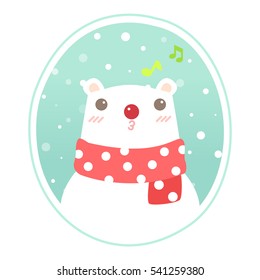 Round frame of White bear portrait sing a song in winter : Vector Illustration