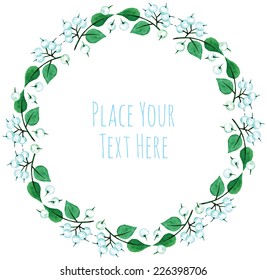 Round frame white berries and green branch garland - watercolor vector template