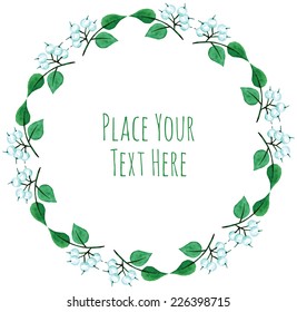 Round frame white berries and green branch garland - watercolor vector template