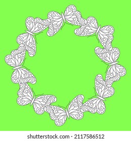 Round frame of white butterflies on a bright green background. Vector illustration
