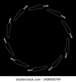 Round frame with white carrot on black background. Isolated frame for your design.  Vector image. 
