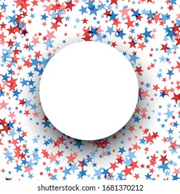 Round frame, white circle on blue and red stars background.