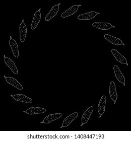 Round frame with white cucumber on black background. Isolated frame for your design.  Vector image. 