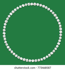 Round frame of white dices isolated on green background with place for your text and pictures. Abstract casino design background, banner, cover. Dice gambling template concept. 3d style. Vector.