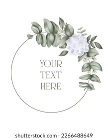 A round frame with white flowers and leaves for your text.