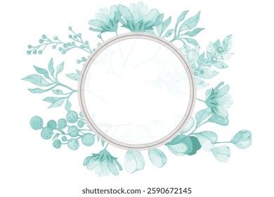 Round frame with white flowers and leaves on blue background. Vector illustration.