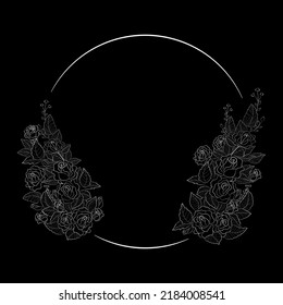 Marco redondo con flores blancas rosas sobre un fondo negro. Ilustración vectorial.
