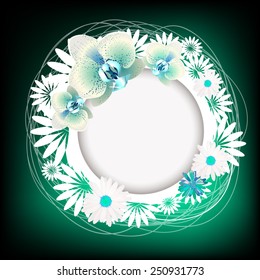 Round frame with white flowers. Vector