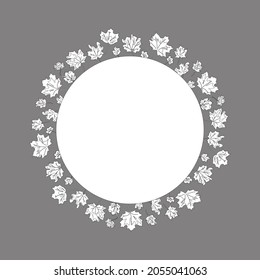 Round frame with white maple leaves and white circle is isolated on gray background. Vector circle for your design.