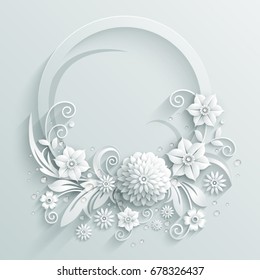 Round frame with white paper flowers and drops in 3D style