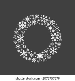 Round frame from white snowflakes, isolated on gray background. Vector illustration, flat minimal cartoon design, isolated, eps 10.