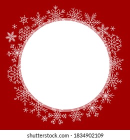 Round frame with white snowflakes on a red background - element for Christmas and New Year winter design