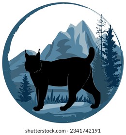 Round frame with wild cat lynx silhouette and mountain forest landscape on background. Vector illustration.