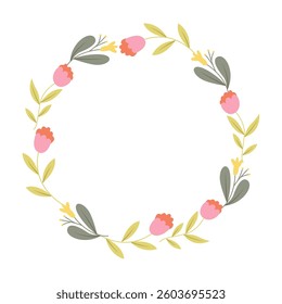 Round frame with wild flowers isolated on white background. Spring Clip Art. Vector Design Illustration.