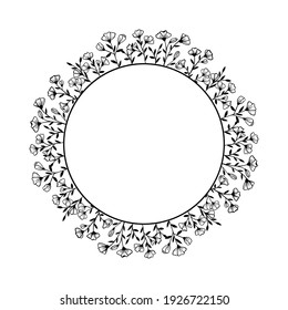 Round frame of wild and garden flowers. Plants are hand drawn in black ink on a white background. Leaves, twigs, buds are laid in a natural wreath. Ready made template for printing on postcards.