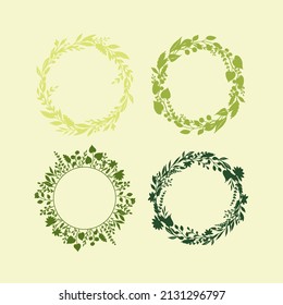 Round frame of wild and garden flowers. Plants are hand drawn in black ink on a white background. Leaves, twigs, buds are laid in a natural wreath. Ready made template for printing on postcards.