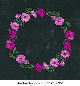 Round Frame with Wild Roses. Summer Flowers Greeting Card or Wedding Background. Hand Drawn Illustration. Doodle Style. Black Board Background and Chalk.