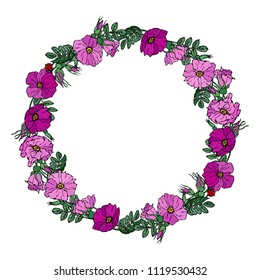 Round Frame with Wild Roses. Summer Flowers Greeting Card or Wedding Background. Hand Drawn Illustration. Doodle Style.