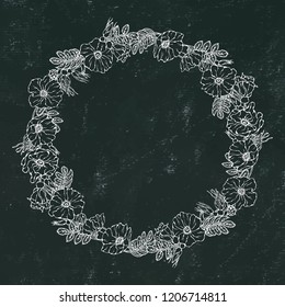 Round Frame with Wild Roses. Summer Flowers Greeting Card or Wedding Background. Hand Drawn Illustration. Doodle Style. Black Board Background and Chalk.