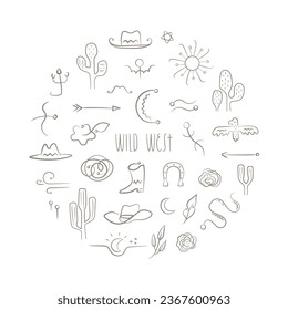 Round frame with wild west vector illustrations, icons, text. Simple western ornament.