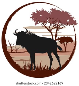 Round frame with wildebeest silhouette and african savannah landscape. Vector illustration.	