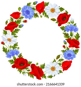 Round frame with wildflowers. Red poppy flowers, white daisies, blue cornflowers, leaves isolated on a white background. Vector illustration